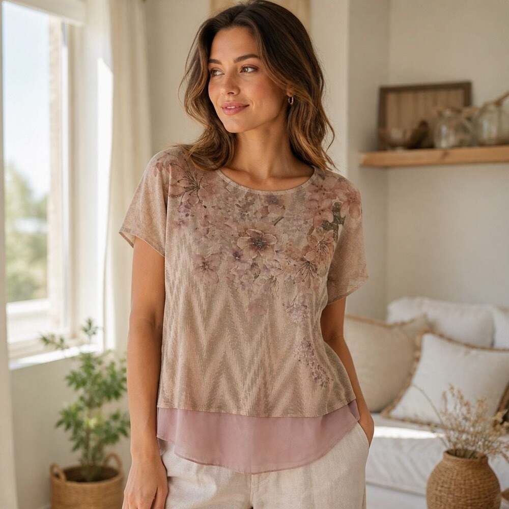Per Seption Concept Floral Short Sleeve Double Layer Blouse Top RA602 XL